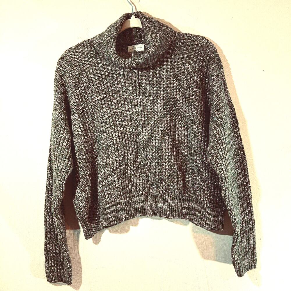 Lucky Brand Cowl Neck Sweater sz Medium Green Boxy Rib Knit Cropped